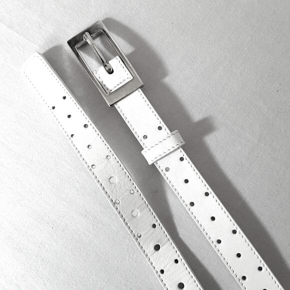 Talbots White Genuine Leather Belt XL Waist Decorative Punch Holes Throughout - Picture 6 of 11
